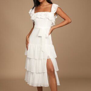 Lulus Dear To My Heart White Swiss Dot Tiered Ruffled Midi Dress - Size L - NWT